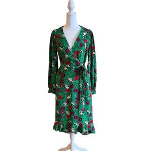 Melloday Green Floral Wrap Midi Dress Small – Long Sleeve Ruffle Hem V-Neck